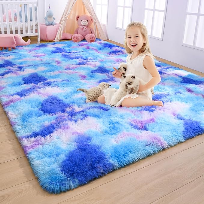AROGAN Soft Rainbow Area Rugs for Girls Room 5x8 Feet, Fluffy Cute Colorful Princess Carpet for Kids Teens Nursery Toddler,Bedroom Blue and Purple