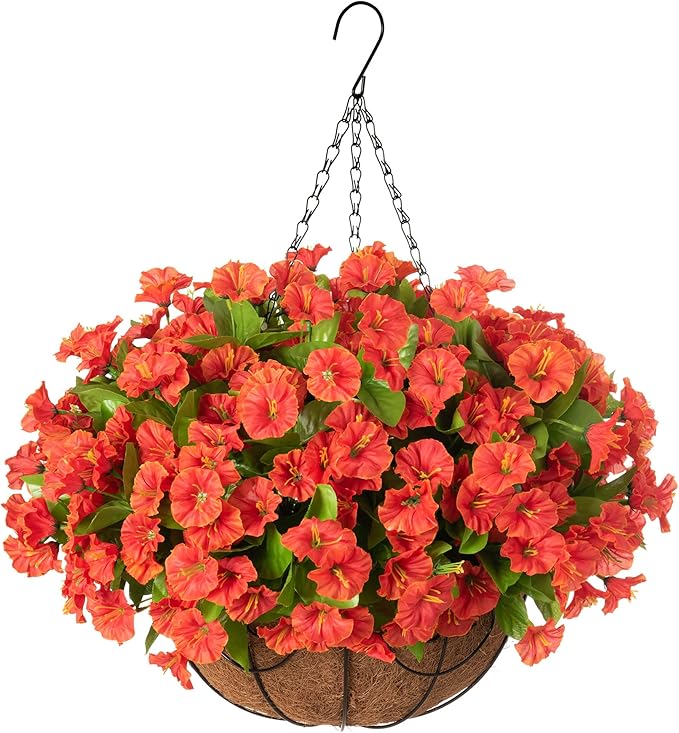 Ammyoo Artificial Hanging Flower Plants with Basket for Spring Summer Outdoor Decoration, Faux Petunias Flowers Fake Morning Glories Planter for Outside Patio Garden Porch Balcony Yard Decor(Orange)