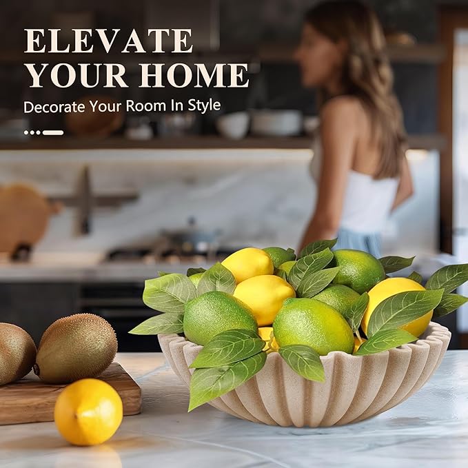 YMXYJM Large Decorative Bowl, Modern Handicraft Bowls for Home Decor, Decorative Fruit Bowl for Kitchen Counter, Ruffle Decor, Stylish Key Bowl for Entry Table, Artificial Stone Beige