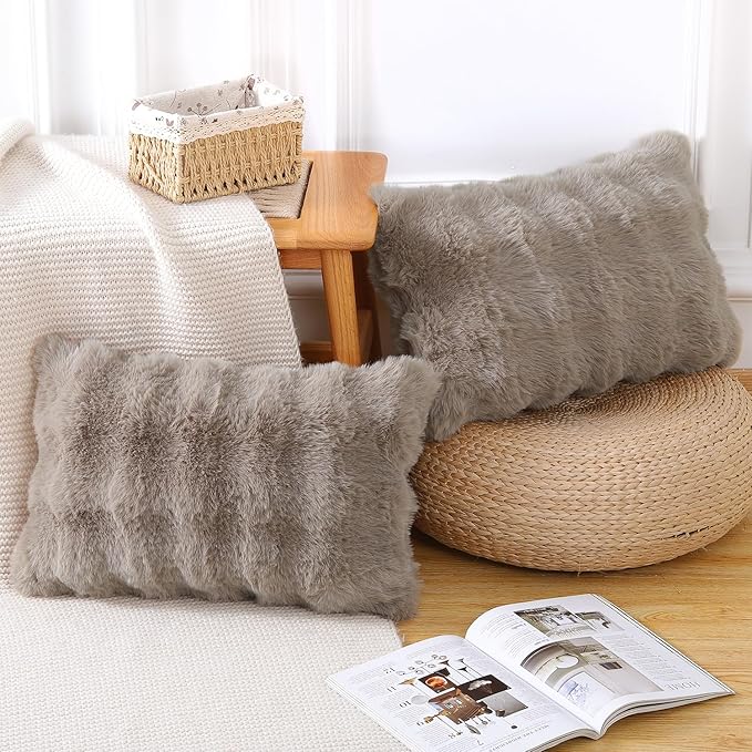 MADIZZ Pack of 2 Thick Plush Faux Wool Throw Pillow Covers Soft Boho Throw Pillows Luxurious Cushion Covers for Couch Sofa Bedroom Living Room Home Decor 12x20 Inch Taupe