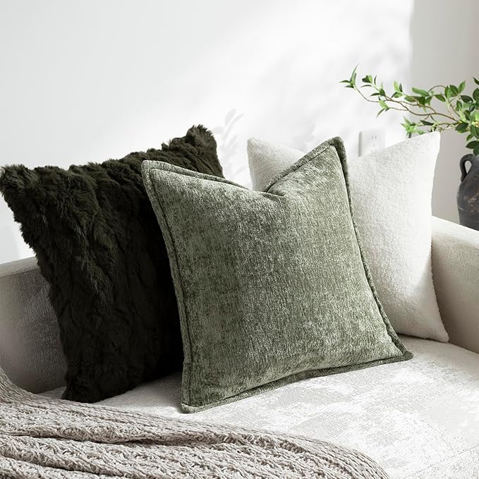 DEZENE Pack of 2 Sage Green Christmas Decorative Throw Pillow Covers 18x18 Cozy Soft Chenille Accent Vintage Square Couch Pillow Covers for Home Decor Bed Sofa Living Room