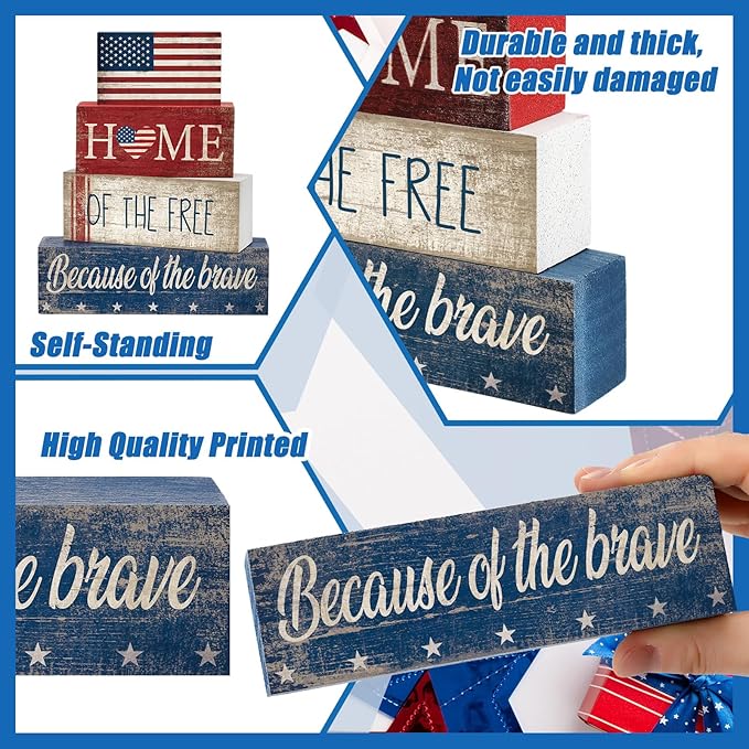 CroBlissful 4 Pcs 4th of July Decorations Patriotic Memorial Day Tabletop Decorations Red White Blue Table Centerpieces Sign for Office Tiered Tray Home Shelf 250th Anniversary(Flag)