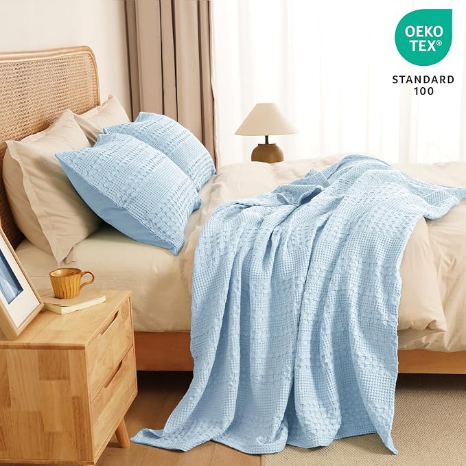 PHF 100% Cotton Waffle Throw Blanket for Couch, Lightweight Breathable and Soft for Summer, Luxury Aesthetic Waffle Weave Blanket for Home Decor & Office, Gifts for Women, 50"x60", Baby Blue