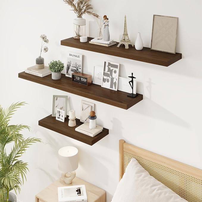 16in Floating Shelves for Wall, 16"W x 9.25"D x 1.25"H, 2 Pack Long Wall Mounted Engineered Wood Shelves with Invisible Brackets for Living Room, Bedroom, Bathroom, Kitchen Decor and Storage, Walnut