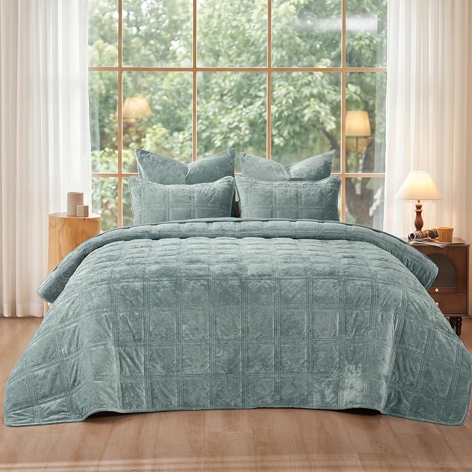 PHF Ultra Soft Velvet Quilt Set Queen Size – 3PCS Luxurious Cozy Quilted Comforter Alternative with Diamond Pattern, Warm Quilted Bedspread Coverlet, 90" x 92", Dusty Blue