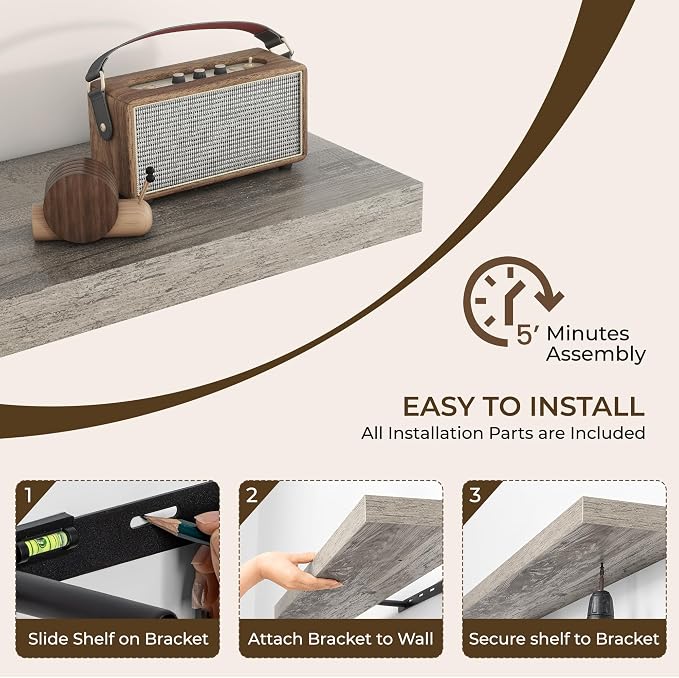 RICHFOCUS 40Inch Floating Shelves for Wall 1 Pack Shelves for Bedroom|Kitchen|Bathroom|Laundry Room Rustic Wood Wall Mounted Shelf with Invisible Brackets for Books|Storage|Decor, Grey