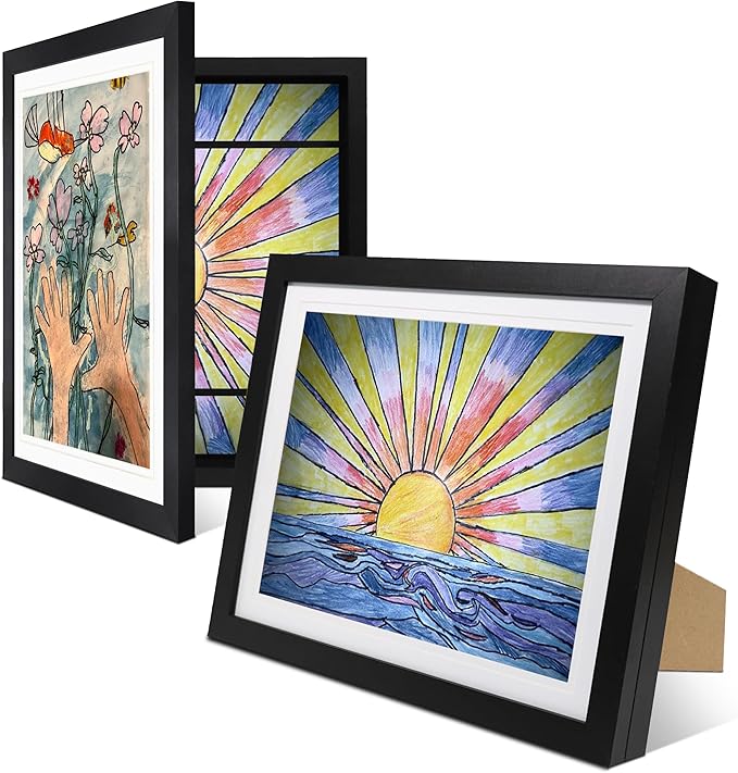 2-Pack Kids Artwork Frames Changeable 10x12.5 with Easel Stand, Hangers, Backboard, Shatterproof Plexiglass | 2 Mats Fit 9x12, 8.5x11, A4 Paper Sizes | Large and Easy-Access Kids Art Frame Display and Storage for up to 100 Sheets (Black)