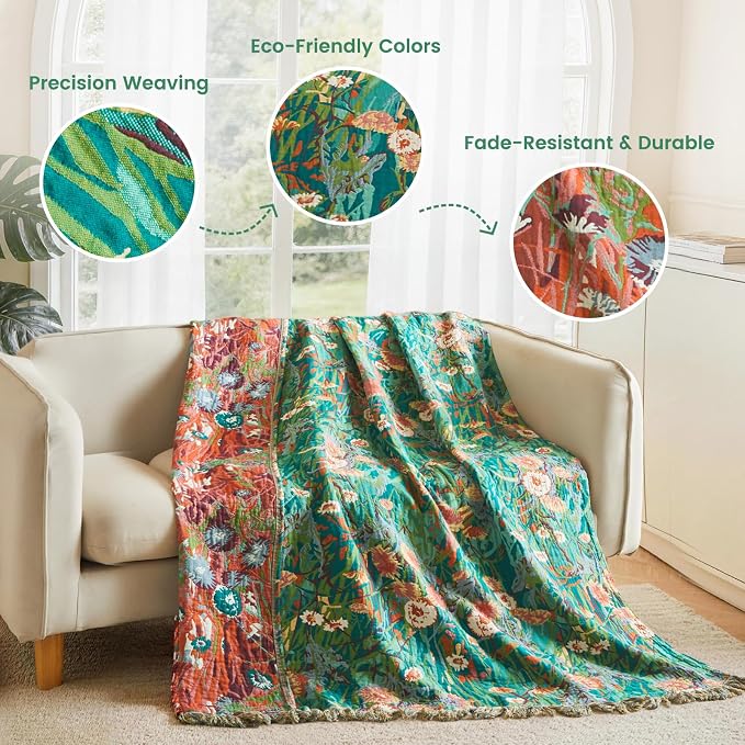 MSGKV Boho Throw Blanket 50"x60" Floral Blankets for Couch 100% Cotton Chair Sofa Throws Lightweight Farmhouse Muslin Summer Breathable Bed Blankets Home Decor All Seasons