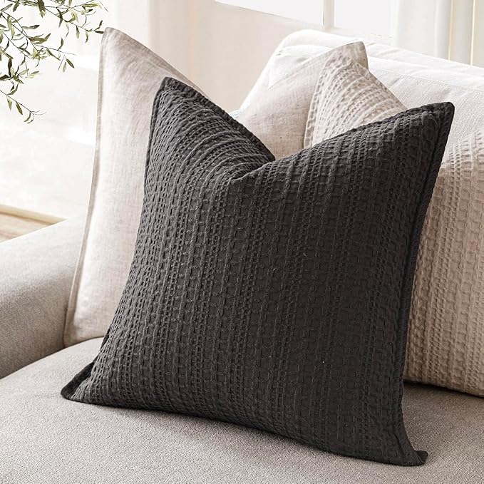 Foindtower Set of 2 Decorative Cotton Waffle Weave Throw Pillow Covers Euro Shams Cushion Covers Accent European Pillowcase for Bed Couch Sofa Bedroom Living Room Home Decor 22×22 Inch Dark Grey