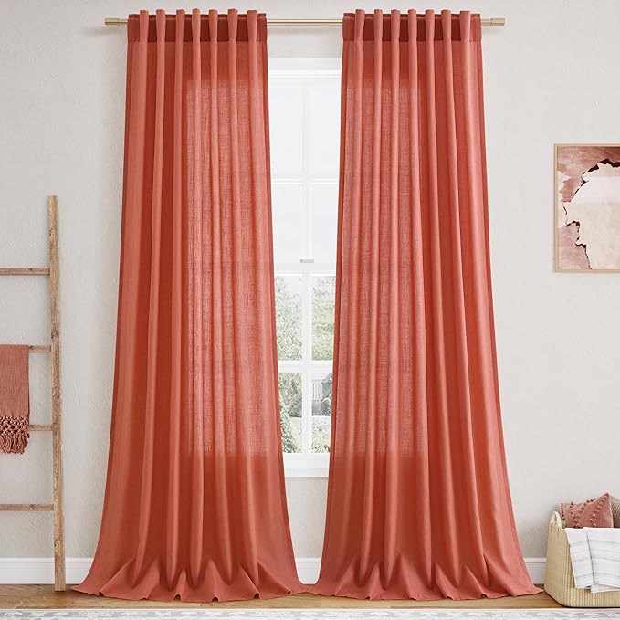 Nanspring Coral Linen Curtains 108 Inches Long 2 Panels Set Back Tab Loop Pocket Light Filtering Semi Sheer Boho Large Window Decor Extra Long Drapes for High Ceiling Living Room 52x108