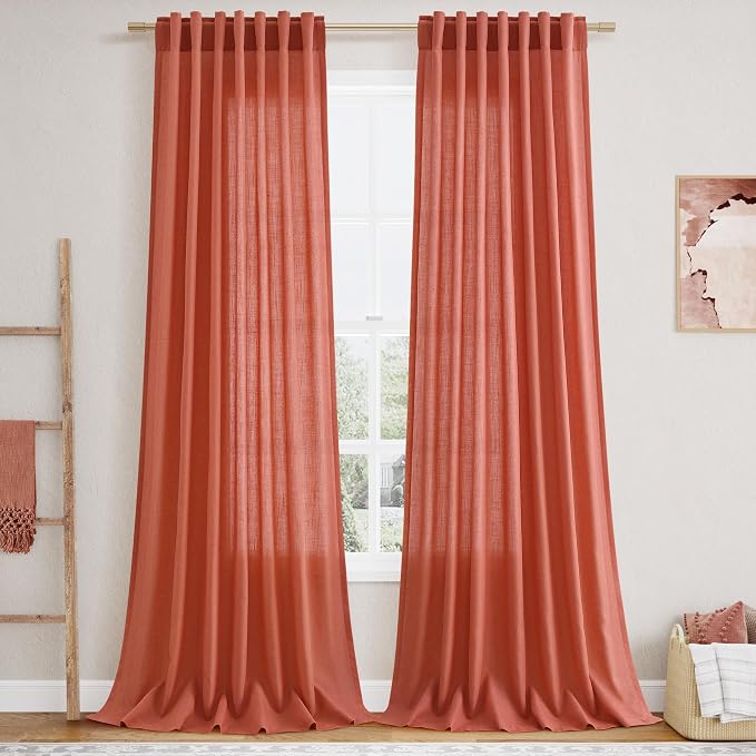 Nanspring Coral Linen Curtains 108 Inches Long 2 Panels Set Back Tab Loop Pocket Light Filtering Semi Sheer Boho Large Window Decor Extra Long Drapes for High Ceiling Living Room 52x108