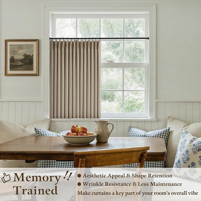 36 Inch Pleated Linen Curtains 36 Inch Length 2 Panel Set Memory Trained Pinch Pleated Privacy Semi Sheer Light Filtering Short Kitchen Window Curtain Thick Dark Flax Taupe Mini Cafe Small Drapes