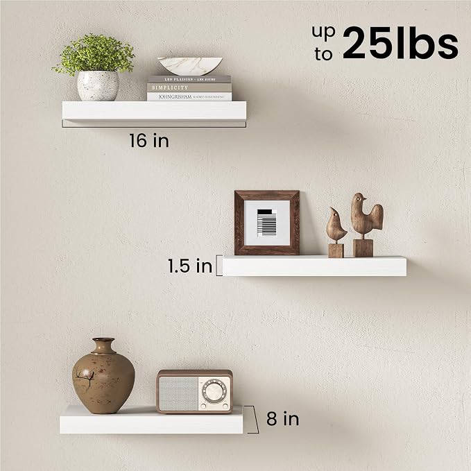 16" Floating Shelves for Wall, Set of 3, 8" Deep, 1.5" Thick, White | Rustic Wood Wall Shelves with Invisible Brackets, Storage and Display for Bathroom, Bedroom, Living Room or Kitchen