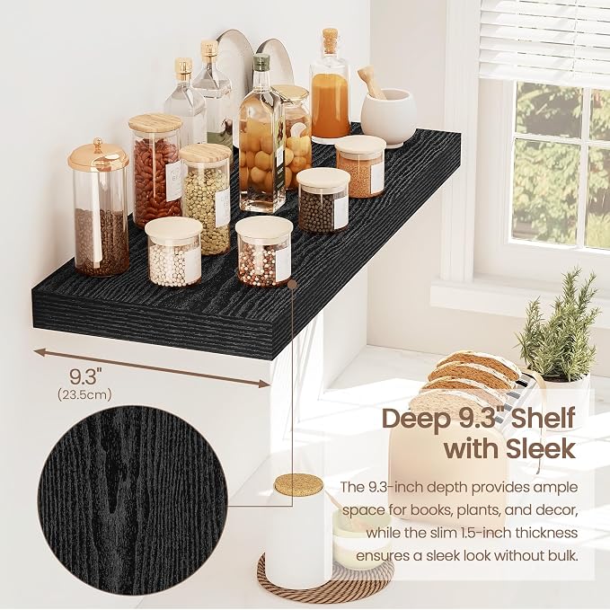 Vivelove Floating Shelves 24 Inch, Black Wall Shelves Over Toilet with Invisible Brackets for Bathroom Living Room Kitchen Bedroom Office Farmhouse Home Decor, 24" X 9.3" X 1.5" - Set of 2