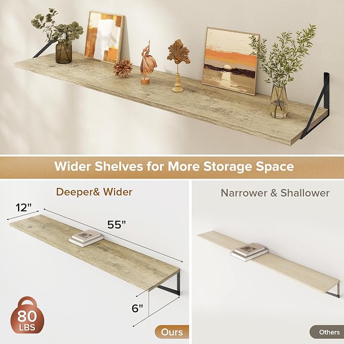 Acovy Deep Floating Shelves Wall Mounted, 55"x12" Gray Wall Shelves with Brackets Set of 2 for Bedroom, Living Room, Bathroom, Kitchen, Office - Storage & Display Shelf for Decor, Books, Plants