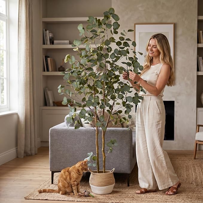Warmplants Artificial Eucalyptus Tree, 6ft Tall Faux Eucalyptus Plant with Basket for Home Office, 72'' Fake Tree for Indoor Outdoor Livingroom Garden Floor Décor