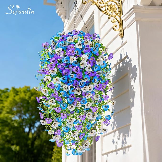 Serwalin Artificial Fake Hanging Flowers for Outdoors Planters,12PCS UV Resistant Faux Pansy Spring Flowers for Outside Porch Patio Garden Window Box (Blue Purple White)