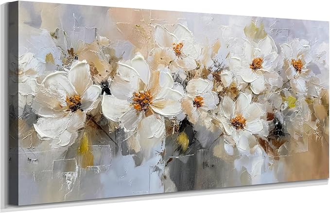 Acocifi Canvas Painting Vintage White Floral Wall Art 40"x20" | textured Flowers picture artwork for wall, beige grey abstract botanical, living room bedroom hallway office home decoration