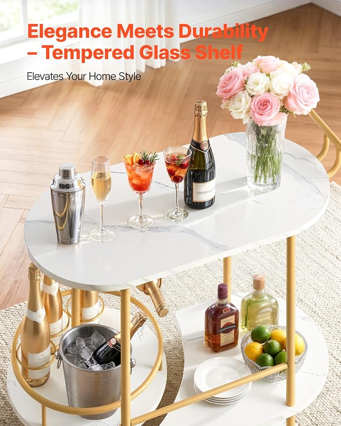 VEVOR Bar Cart, 3 Tiers Home Kitchen Serving Carts, Modern Round Rolling Utility Station on Wheels, Mobile Drink Beverage Trolley w/Wooden Shelf, Wine Rack, Glass Holder, for Living Dining Room, Gold