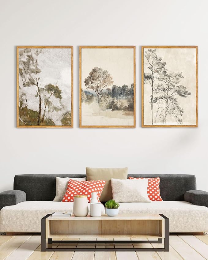 UPWOIGH Neutral Landscape Framed Wall Art, 16 x 24 Inch, Set of 3 | Muted Tree and Countryside Prints, Soft Beige and Gray Tones, Light Wood Frames for Bedroom, Office and Living Room