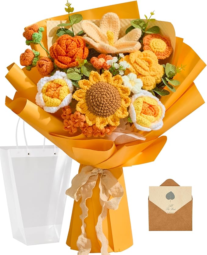 Alecono Large Crochet Flower Bouquet, Knitted Flowers, Artificial Sunflower Crochet as a Gift for Valentines Day Lover Anniversary Graduation (Orange)