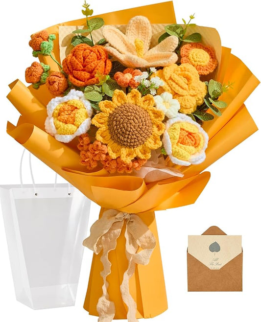 Alecono Large Crochet Flower Bouquet, Knitted Flowers, Artificial Sunflower Crochet as a Gift for Valentines Day Lover Anniversary Graduation (Orange)