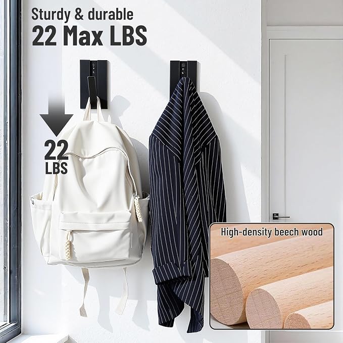 Folding Wall Hooks 2Pack: Black Modern Wooden Coat Hooks Mount for Heavy Duty Hanging Towels Backpack Bags Hats, Space Saving Minimalist Decorative Entryway Hanger for Aesthetic Homeowner