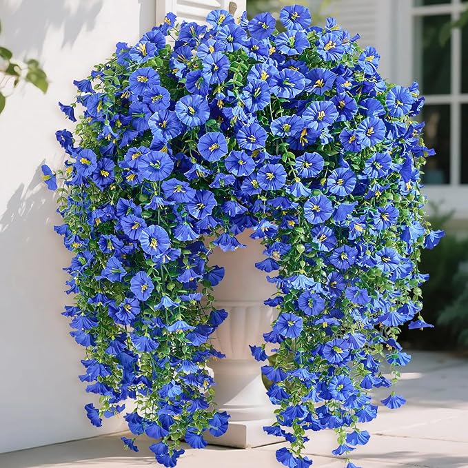 Serwalin Artificial Hanging Flowers for Outdoors UV Resistant, 8PCS Faux Morning Glory Fake Outdoor Flowers Realistic Silk Flower Faux Plants for Outside Planter Front Door Porch Patio Yard Decor