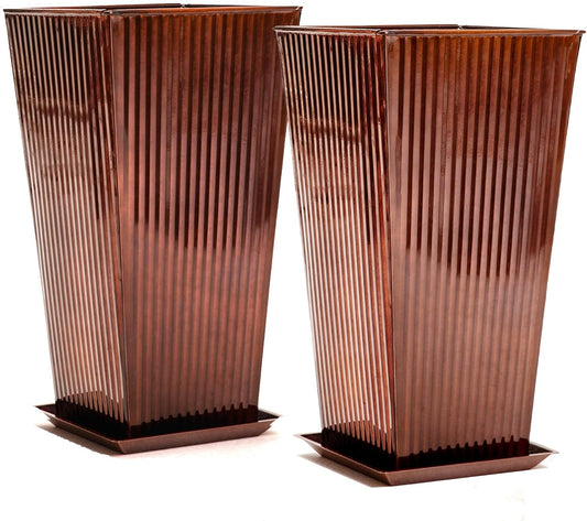 22in Vintage Handmade Metal Vertical Lines Copper Tapered Planters,Planter Box with Drainage Holes and Saucer -Set of 2, Galvanized Steel Planter for Indoor/Outdoor/Porch/Garden