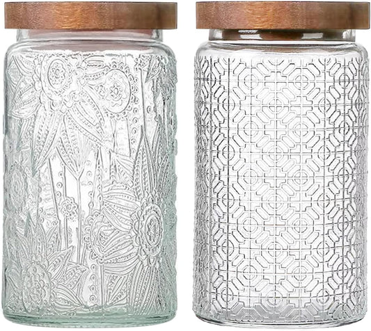 Vintage Glass Jars with Wooden Lids, 2 Pack 34 oz Airtight Glass Food Storage Containers Sets for the Kitchen, Sugar Coffee Candy Spice Cookie Tea Pasta