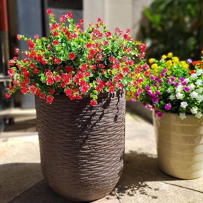 Grunyia 12 Bundles Artificial Flowers for Outdoors, UV Resistant Fake Flowers with Plastic Plants, Faux Flowers for Outside Window Box Front Porch Hanging Planter Decor (Red)