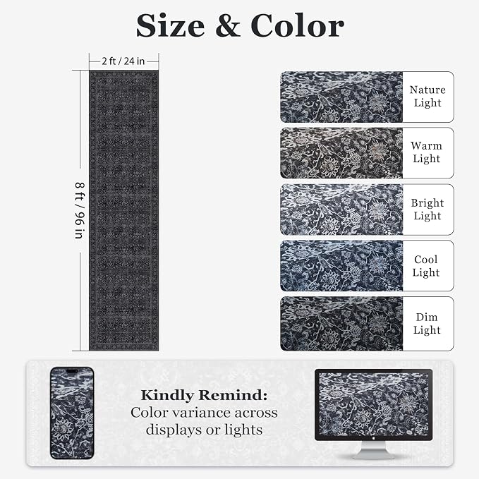 Dark 2x8 Kitchen Runner, Washable Non Slip Runner Rug for Hallway Entryway, Lightweight Ultra Thin Low Pile Carpet Runner for Bathroom/Mudroom/Corridor/Laundry Room, Vintage Farmhouse Midnight