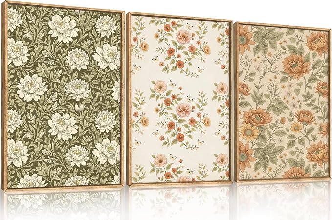 Vintage Pastoral Floral Framed Canvas Wall Art Set, Boho Colorful Flower Wall Decor, Peony Wildflower Wall Painting, Retro Botanical Art Prints for Living Room, Bedroom, Office-16 X24 X3