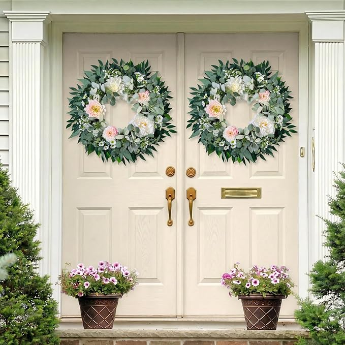 Spring Summer Wreath for Front Door, 22" Artificial Silk Peony Eucalyptus Floral Wreaths for Indoor Outdoor, Farmhouse Greenery Home Decor for Holiday Housewarming