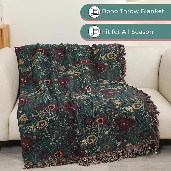 Boho Throw Blanket,Deep Green Floral Fringed Muslin Blanket for Couch,Sofa, Living Room, Bedroom – Lightweight Cotton Tassel Blanket for Summer,Cozy Home Decor,Gifts for Father,50"x60"