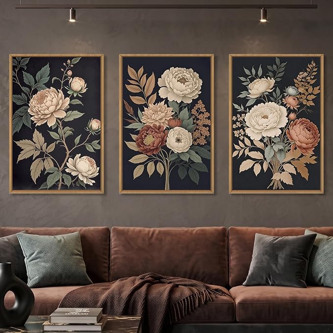 HOURIA Large Moody Dark Flower Framed Canvas Wall Art,Retro Beige Red Peony Wall Decor,Vintage Textured Blossom Botanical Artwork,Natural Wildflower Art Print for Living Room,Bedroom,Office-24 x36 x3