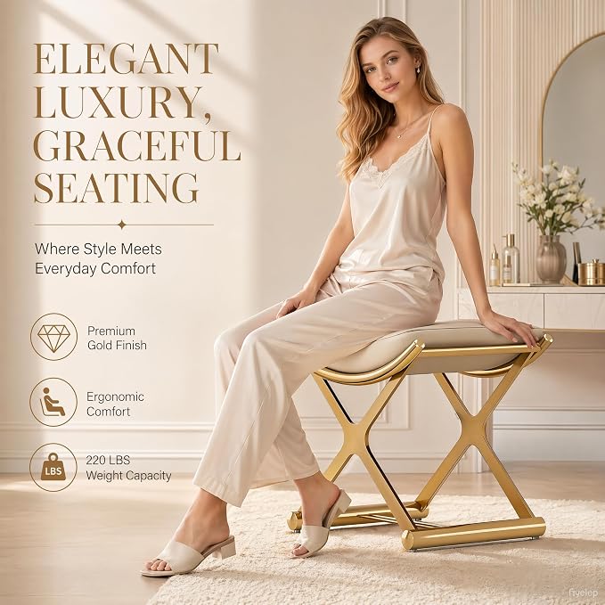 Makeup Vanity Stool Chair, Small Leather Upholstered Ottoman with Cushioned Seat and Metal X-Frame for Vanity Desk, Bathroom, Bedroom and Dressing Room, Gold