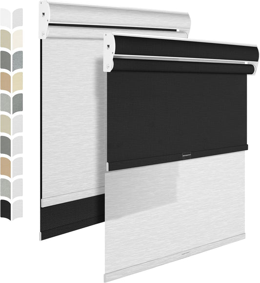 BERISSA Cordless Dual Roller Shades with Cassette Valance - Double Window Shades with Blackout and Light Filtering, Day and Night Function for Home Office, Door - Linen Black and White - 40 W x 36" H