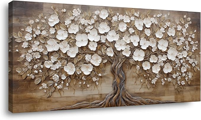 Ggaafet Retro Tree Wall Art for Bedroom Canvas Oil Painting Prints Beautiful White FLower Floral Blooming Art Deco Rustic Artwork Office Farmhouse Dining Room Decor