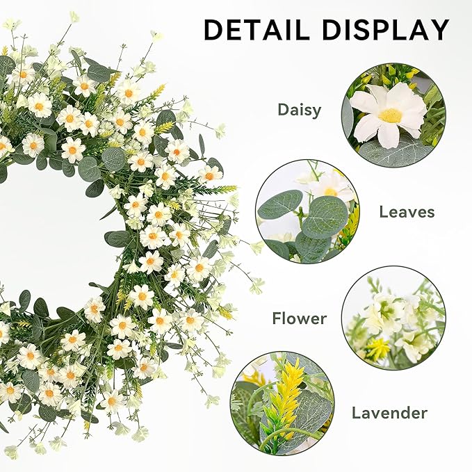 Pinkpum 22 Inch Artificial Daisy Flower Wreath with Eucalyptus Leave Silk Flower White Berries Spring Summer Wreath for Front Door Wall Decor