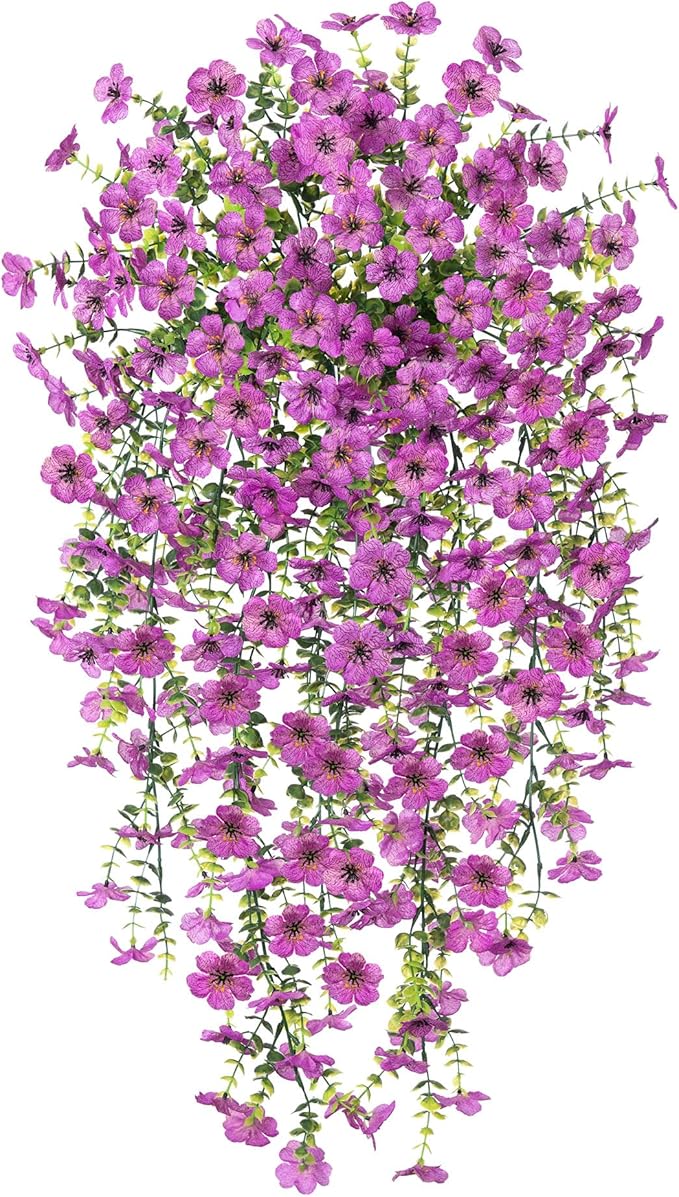 Ammyoo Artificial Hanging Flowers for Outdoors Fake Plants Decoration, 2 Packs Faux Silk Daisy Flower Realistic Outdoor Flowers UV Resistant Porch Patio Window Yard Indoor Spring Decor(Purple)