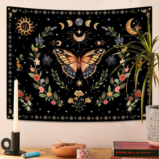 Lunerfex Boho Butterfly Tapestry Flower Moon Wall Tapestry, Moon Phases Tapestries for Bedroom Cute Tapestries Wall Hanging for Bedroom Living Room Decor Butterfly-1 70"x90"