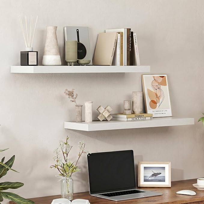 Heimlove 32 Inch Floating Shelves for Wall,White 9.3" Deep Floating Shelf Set of 2,Wall Mounted Shelves for Bathroom Bedroom Living Room Kitchen Office,Shelf for Books Storage Room,Home Decor