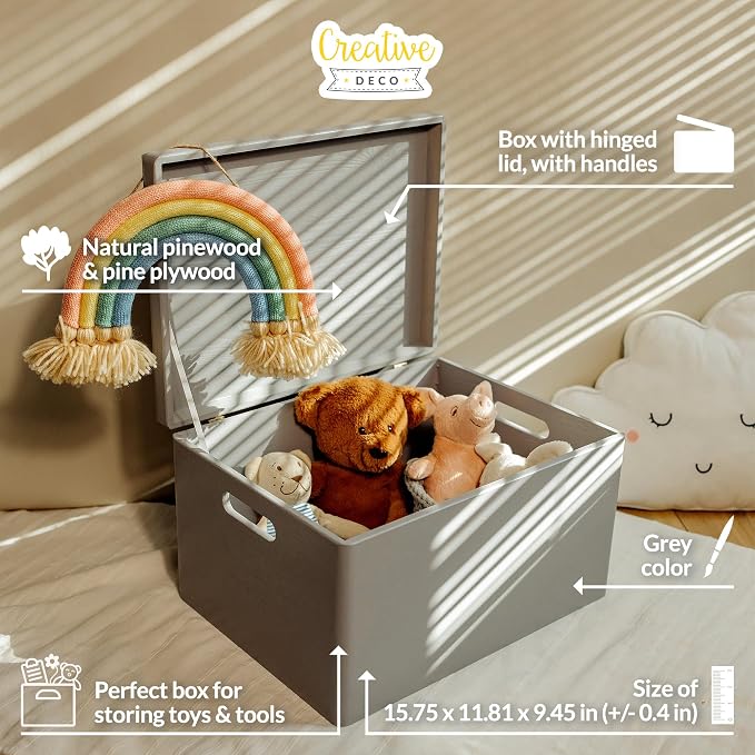 Creative Deco Large Gray Wooden Box Storage with Hinged Lid | 15.8x11.8x9.44in (+-0.5) | Keepsake Gift Box Storage Document | Wood Chest Trunk PRODUCT NOT INTENDED FOR 15 YEARS OR BELOW | Solid pine storage box with a lid for keepsakes, crafts, station...