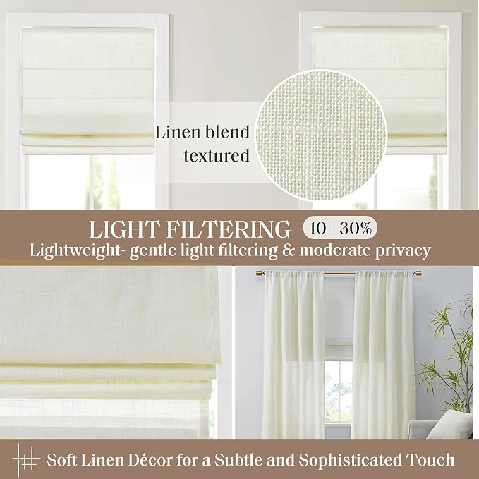 Madison Park Kyler Cordless Roman Shades - Single Panel, Lightweight Linen Blend Fabric, Natural Design, Easy Installation, Light Filtering Window Blind, Bedroom, Living Room Decor 34"W x 64"L Ivory