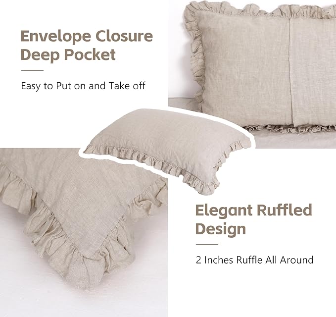 Linen Ruffled Pillow Cases,100% French Natural Linen Pillowcase Set of 2,Ruffled Linen Pillow Shams,Decorative Boho Pillow Cases Ruffle Bedding Standard Size (20''x30''),Natural Linen