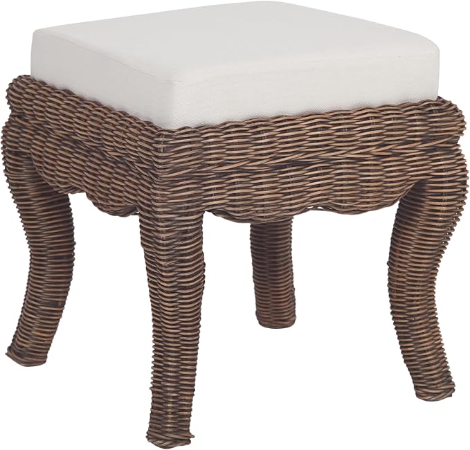 JONATHAN Y Rowan Woven Rattan Vanity Stool with White Cushion, 18.5" Coastal Backless Makeup Chair for Bedroom & Bathroom, Black Wash Mango Wood Wicker Ottoman Footrest VSL1000B