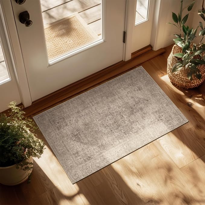 Machine Washable Area Rugs for Entryway: Door Mat Indoor Entrance 2x3 Boho Rug Vintage Distress Non-Slip Low Pile Soft Throw Carpet for High-Traffic Areas Kitchen, Hallway, Farmhouse Decor