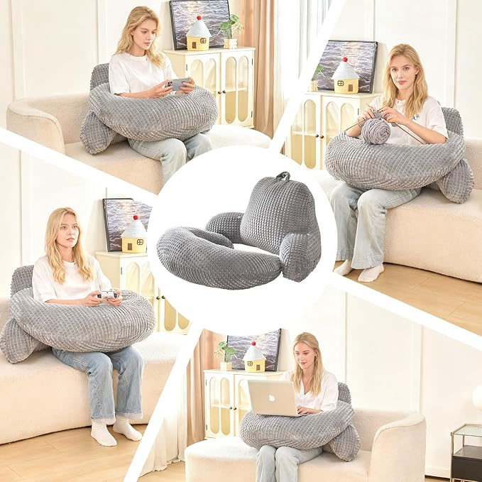 17" Reading Pillow for Bed,U Shaped Arm & Elbow Support,Gray Flannel | Backrest Supports Back,U shaped Lap Pillow Cushions Arms,Elbows & Wrists,Soft Flannel for Reading,Gaming,Watching TV