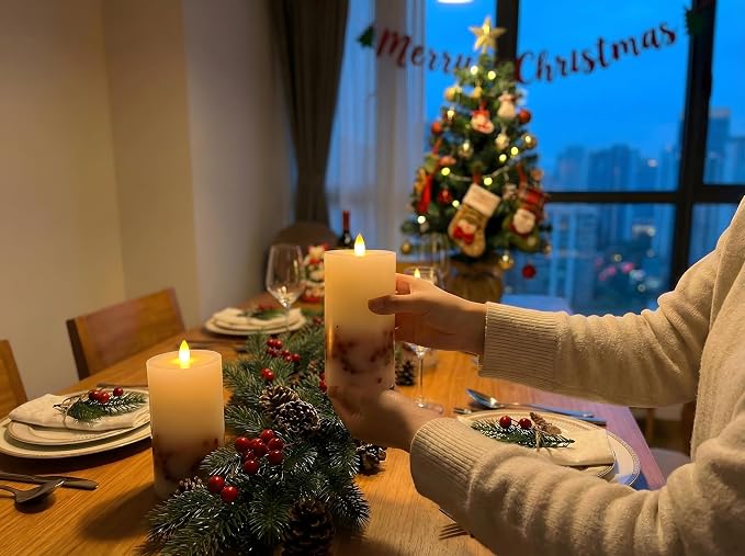 Brown Bark Flameless Pillar Candles Flickering with Remote Timer, Battery Operated LED 3D Moving Flame Real Wax Candles, Set of 2, D3 x H6,Remote Included (Red Berry)
